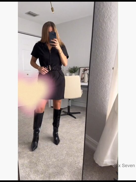 Corduroy Mini Dress with Zip Front and Belt - Picture 6 of 7